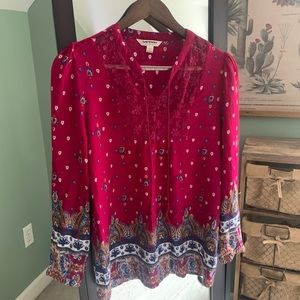 Boho Multi-Print Berry Peasant Top with Lace